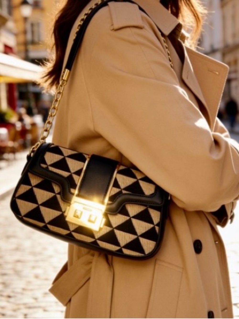 Geometric Shoulder Bag in Black & Tan
